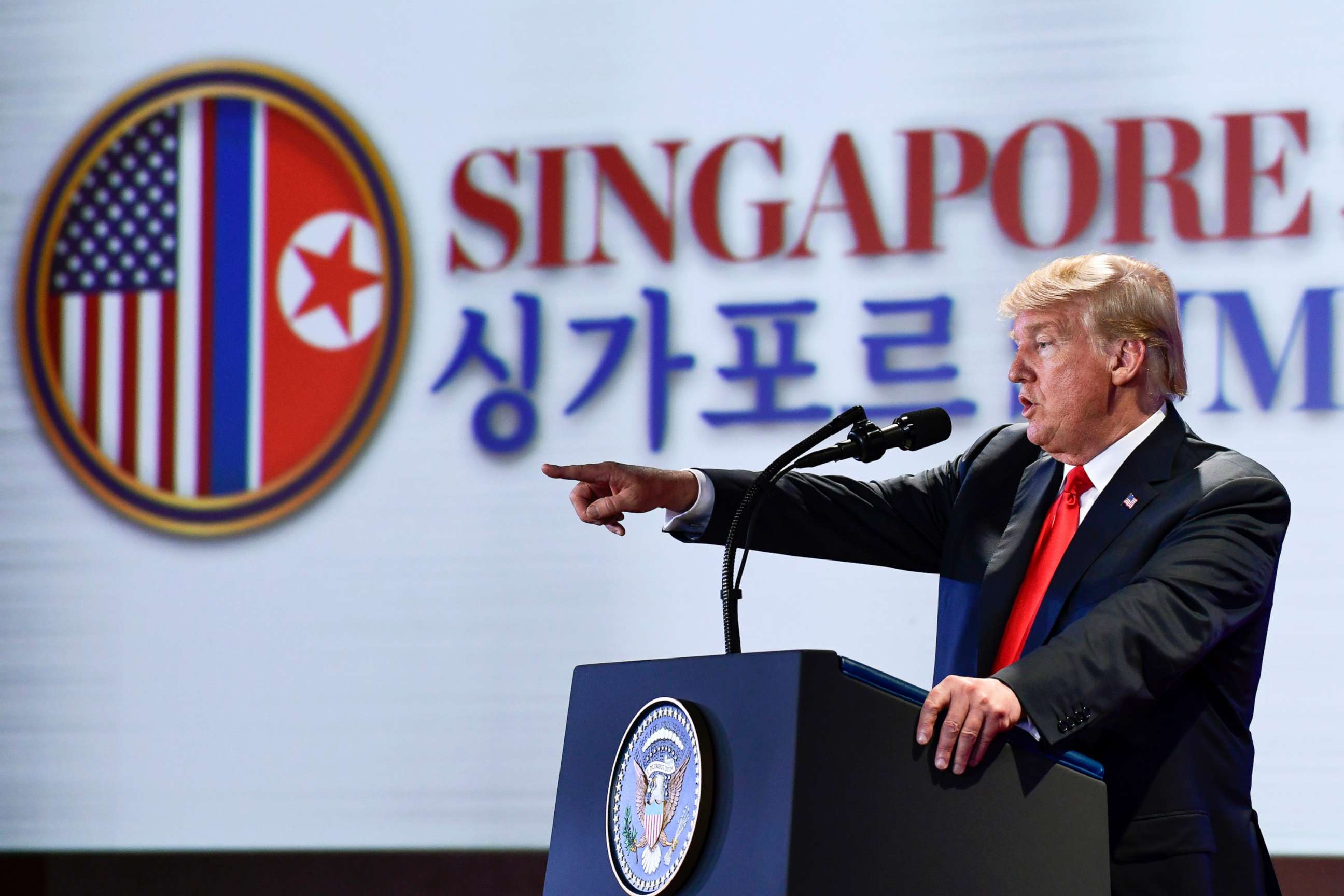 PHOTO: President Donald Trump answers questions about the summit with North Korea leader Kim Jong Un during a press conference at the Capella resort on Sentosa Island, June 12, 2018 in Singapore.