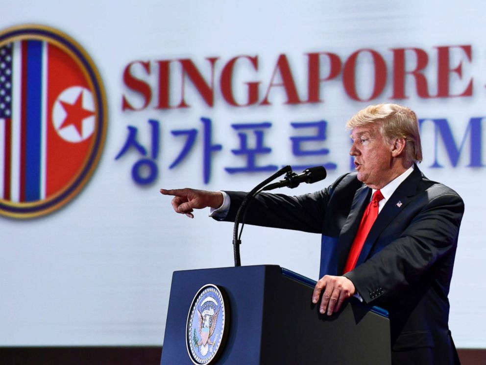 PHOTO: President Donald Trump answers questions about the summit with North Korea leader Kim Jong Un during a press conference at the Capella resort on Sentosa Island, June 12, 2018 in Singapore.