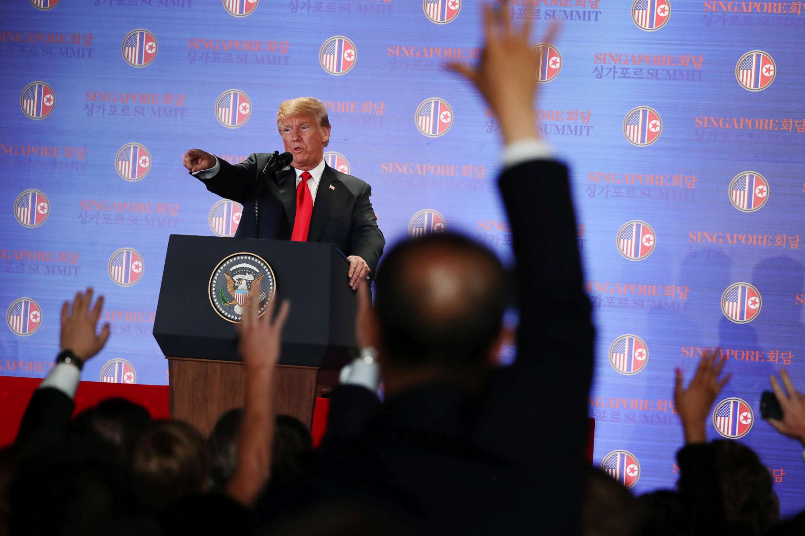 PHOTO: President Donald Trump speaks during a news conference after his meeting with North Korean leader Kim Jong Un at the Capella Hotel on Sentosa island in Singapore, June 12, 2018.