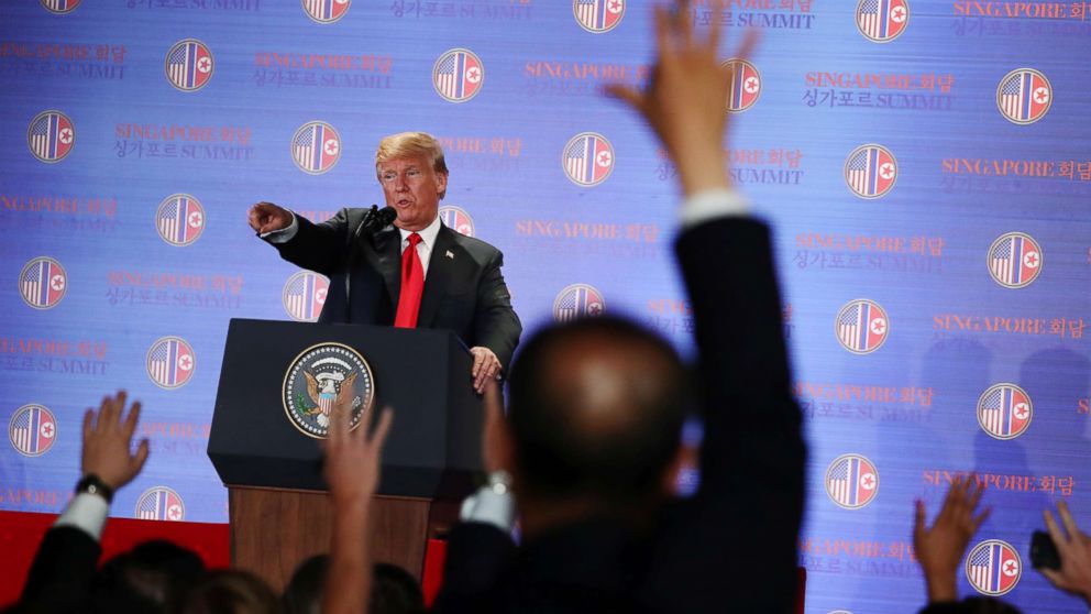 PHOTO: President Donald Trump speaks during a news conference after his meeting with North Korean leader Kim Jong Un at the Capella Hotel on Sentosa island in Singapore, June 12, 2018.