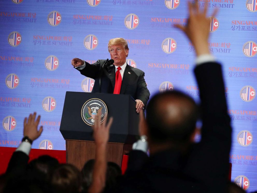 PHOTO: President Donald Trump speaks during a news conference after his meeting with North Korean leader Kim Jong Un at the Capella Hotel on Sentosa island in Singapore, June 12, 2018.