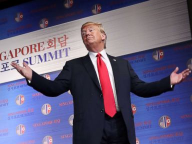 PHOTO: President Donald Trump gestures after a news conference following his meeting with North Korean leader Kim Jong Un at the Capella Hotel on Sentosa island in Singapore, June 12, 2018.