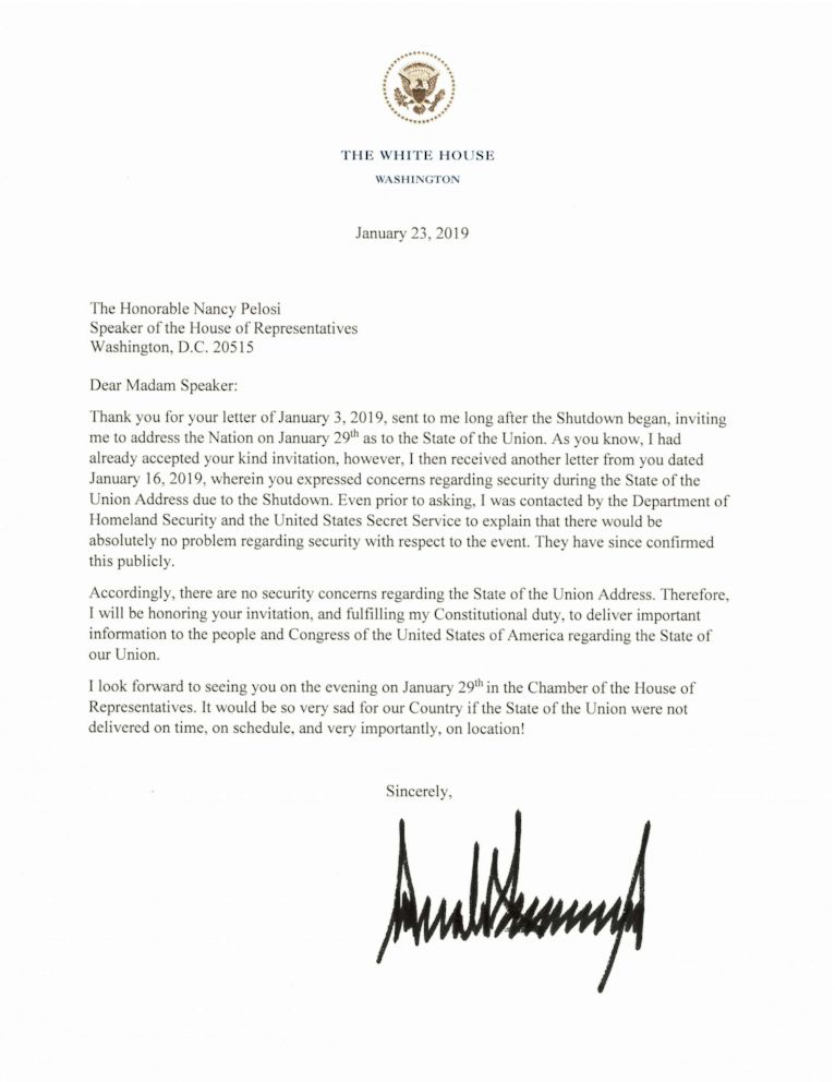 PHOTO: The White House released this letter to Speaker of the House Nancy Pelosi from President Trump on Jan. 23, 2019.
