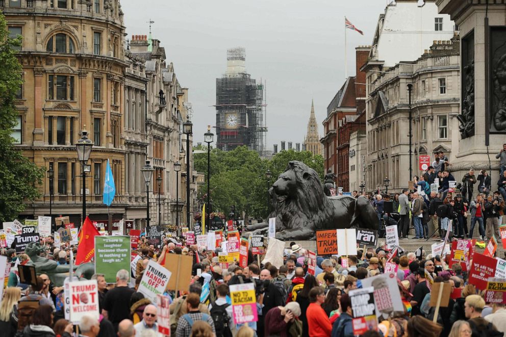PHOTO: Protesters hold placards as they gather in Trafalgar Square during a demonstration against the State Visit of President Donald Trump in central London on June 4, 2019.