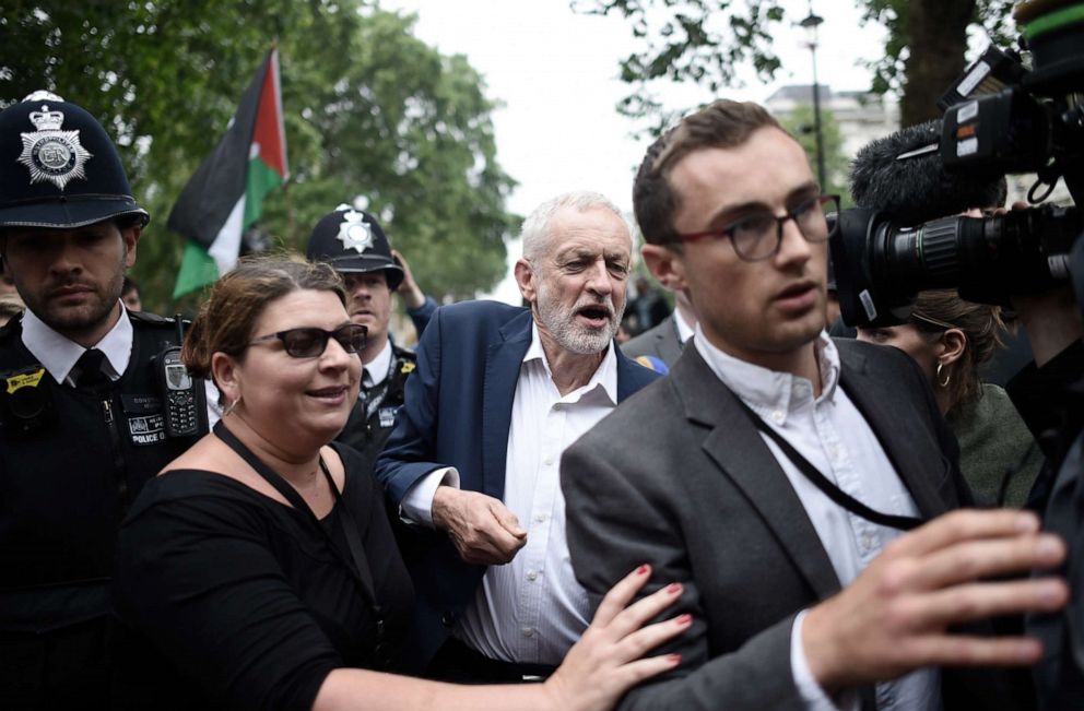 PHOTO: Leader of the Labour Party, Jeremy Corbyn, heads to address protesters outside the Houses of Parliament on the second day of U.S. President Donald Trump's State Visit on June 4, 2019 in London.