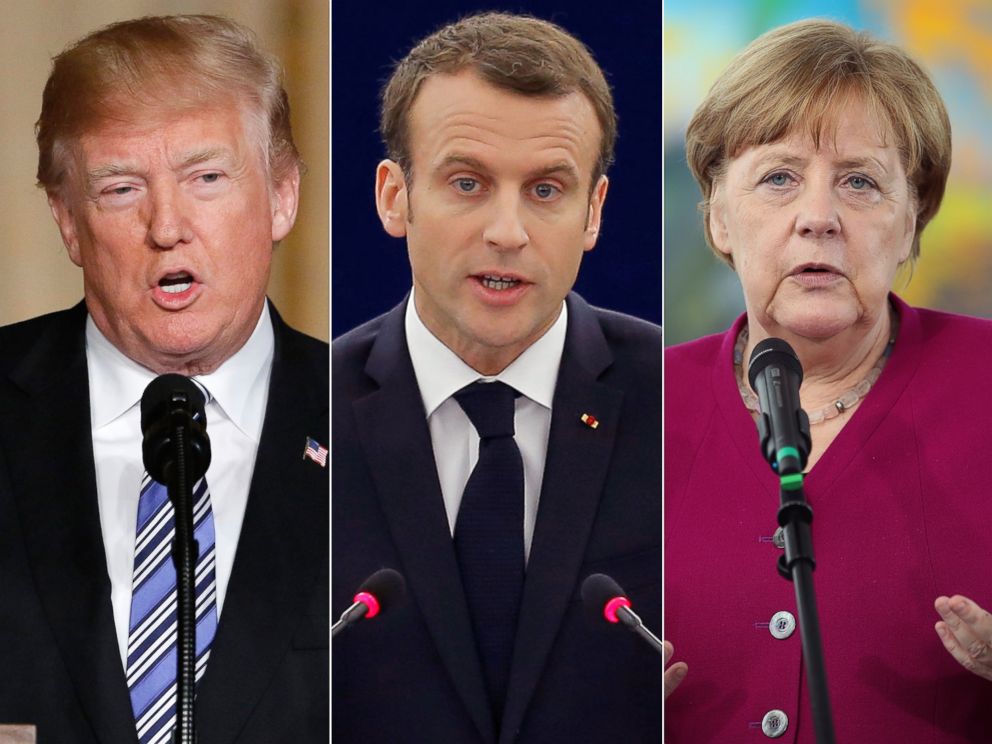 PHOTO: Pictured (L-R) are President Donald Trump in Palm Beach, Fla., April 18, 2018, French President Emmanuel Macron in Strasbourg, France, April 17, 2018 and German Chancellor Angela Merkel in Berlin, April 23, 2018.