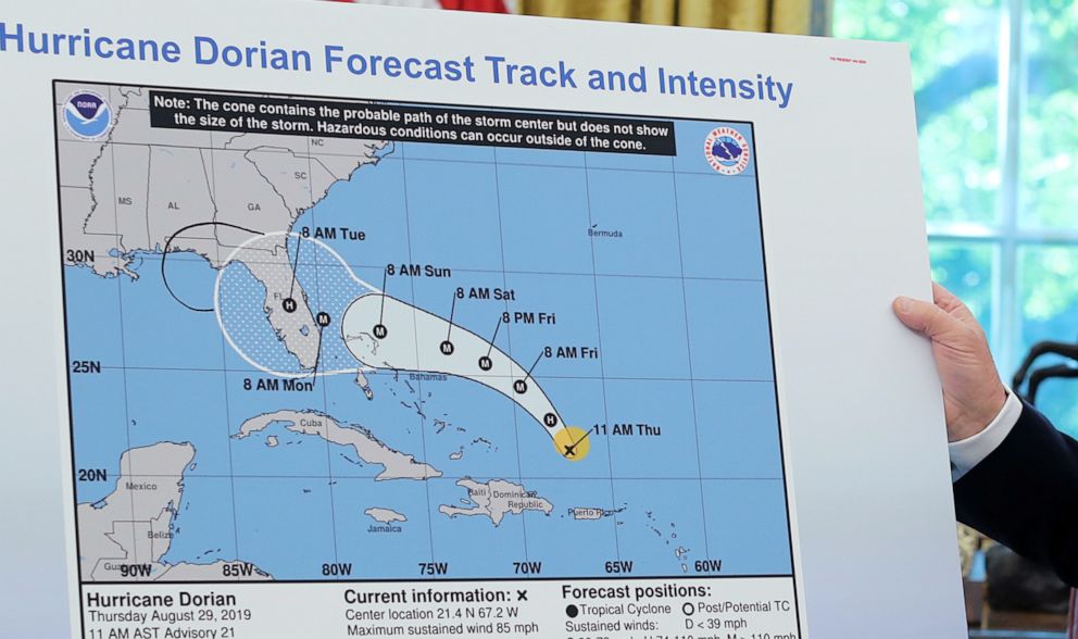 PHOTO: A detail from a photo with President Donald Trump as he holds up a map during a status report on Hurricane Dorian in the Oval Office of the White House, Sept. 4, 2019.