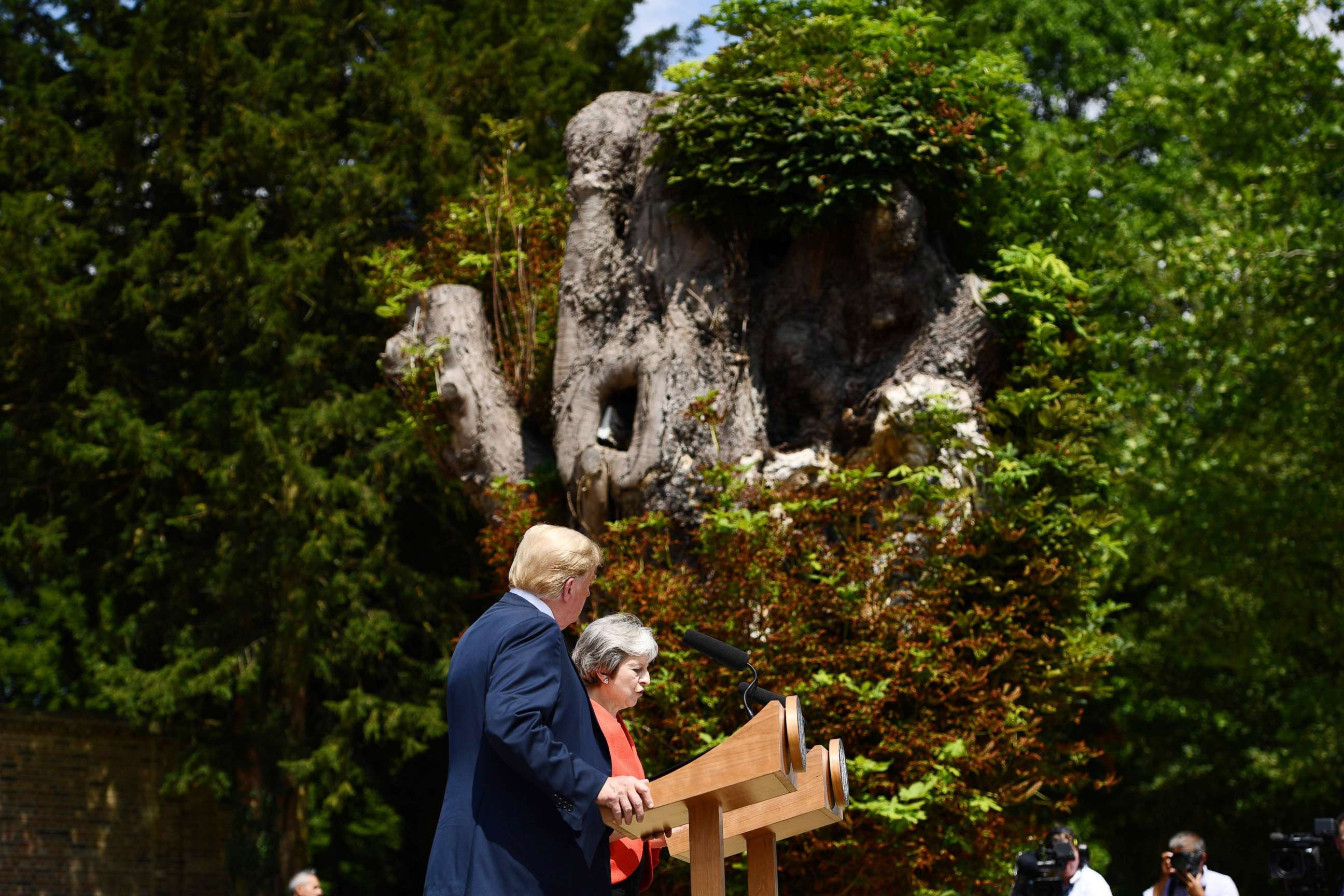 PHOTO: President Donald Trump and Britain's Prime Minister Theresa May attend a press conference following their meeting at Chequers, the prime minister's country residence, near Ellesborough, northwest of London, July 13, 2018.