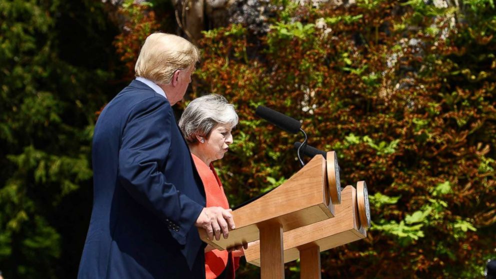 PHOTO: President Donald Trump and Britain's Prime Minister Theresa May attend a press conference following their meeting at Chequers, the prime minister's country residence, near Ellesborough, northwest of London, July 13, 2018.