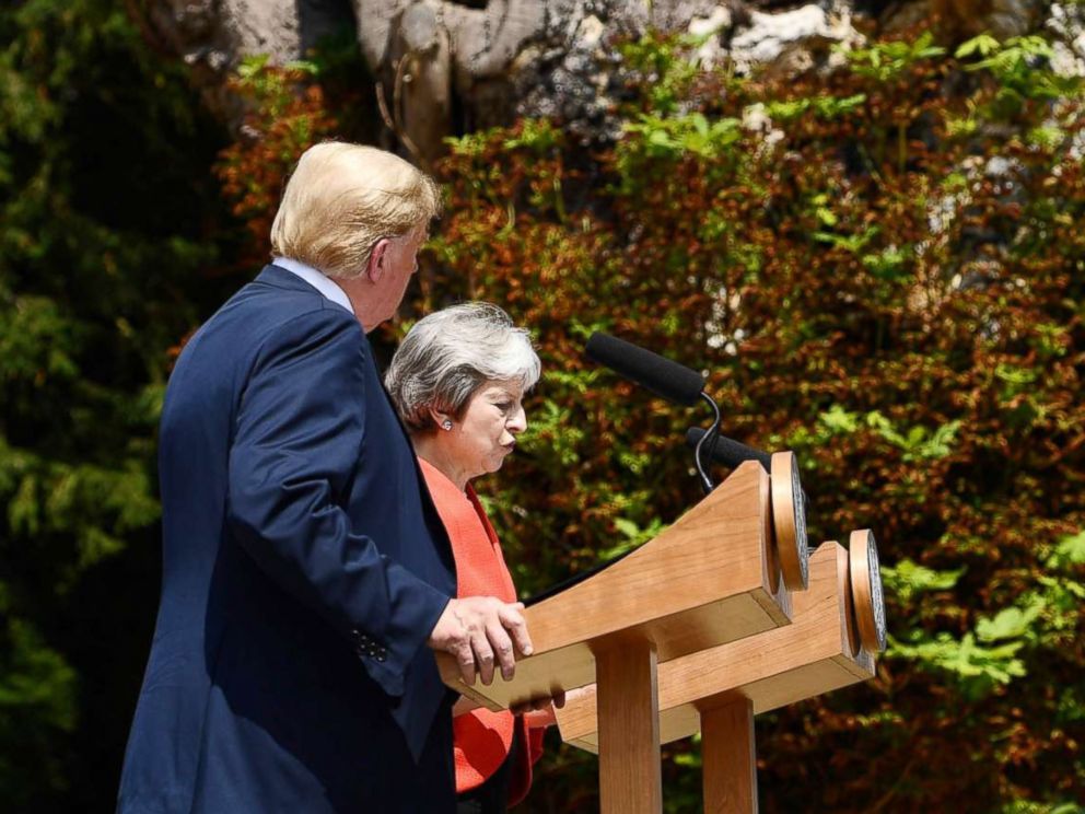 PHOTO: President Donald Trump and Britains Prime Minister Theresa May attend a press conference following their meeting at Chequers, the prime ministers country residence, near Ellesborough, northwest of London, July 13, 2018.