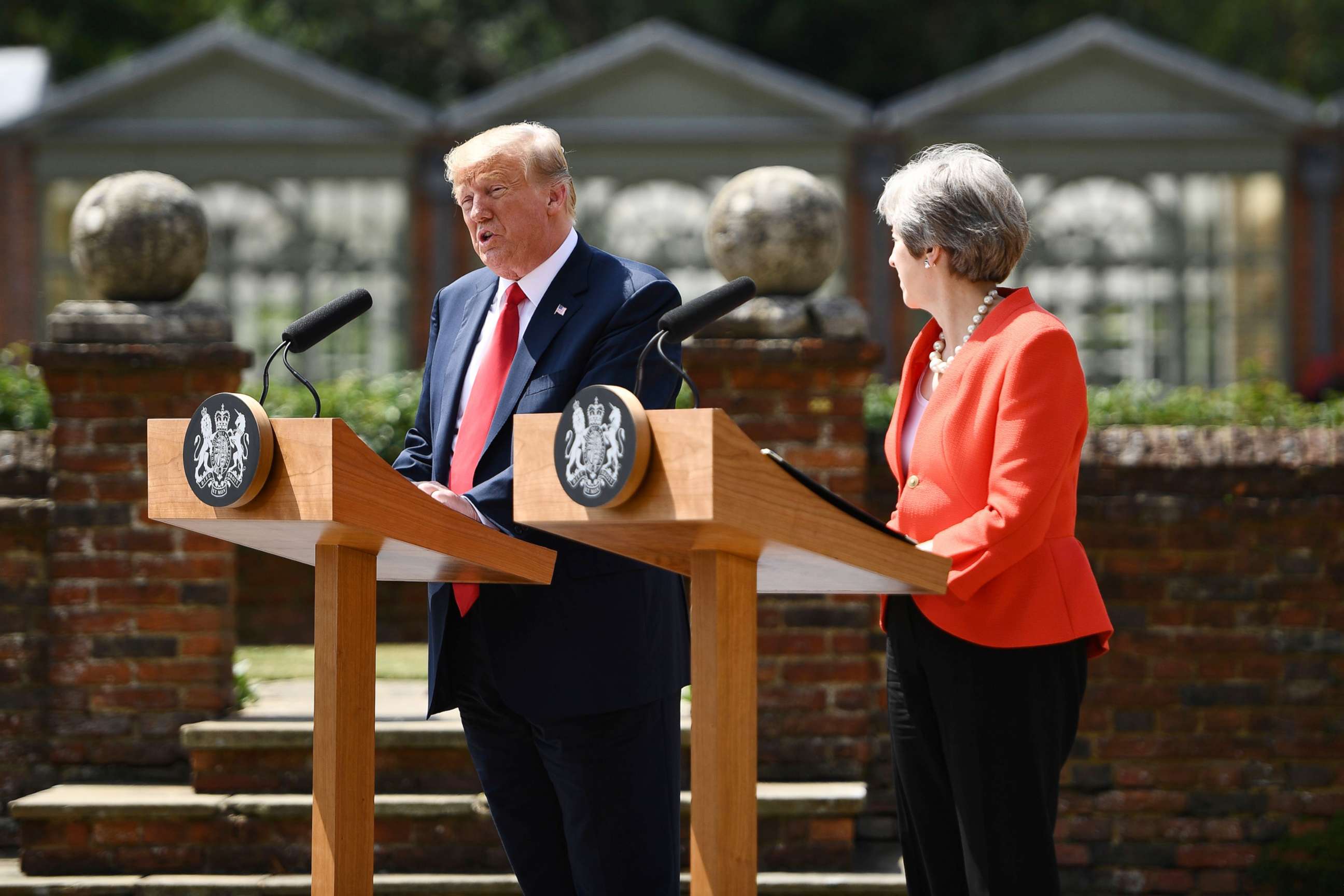PHOTO: President Donald Trump and Britain's Prime Minister Theresa May hold a joint press conference following their meeting at Chequers, the prime minister's country residence, near Ellesborough, northwest of London, July 13, 2018.