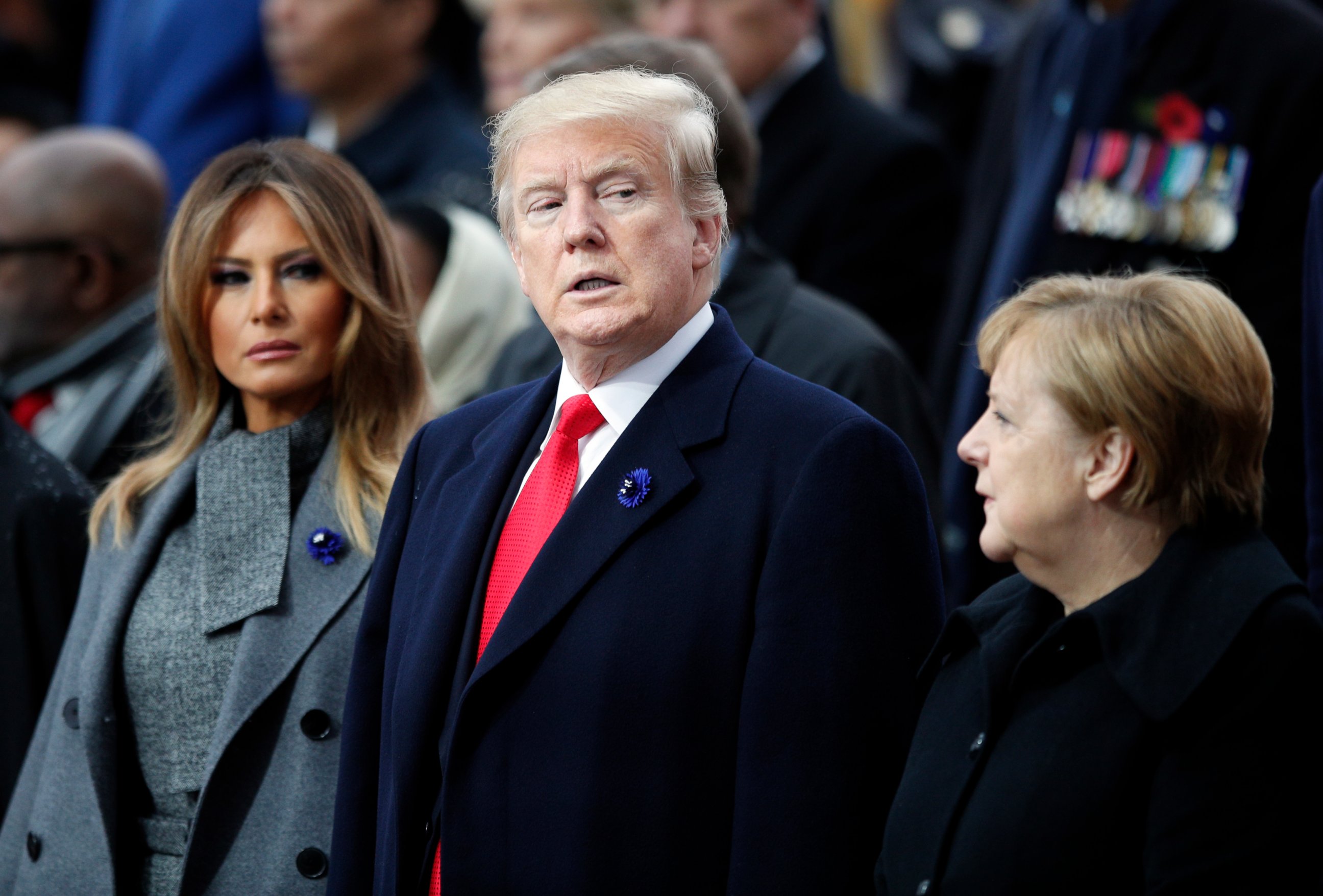 PHOTO: President Donald Trump, his wife Melania Trump, left, and German Chancellor Angela Merkel attend ceremonies at the Arc de Triomphe Sunday, Nov. 11, 2018 in Paris.