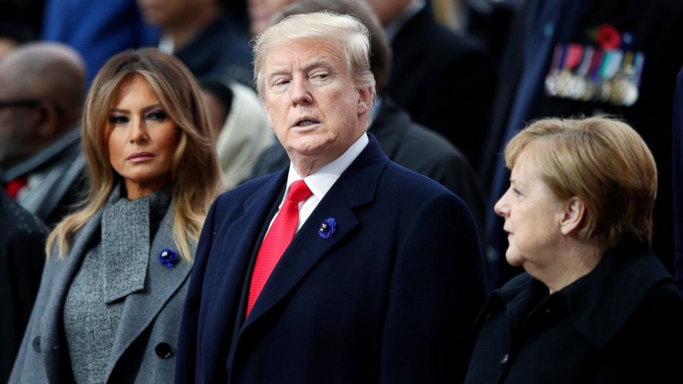 PHOTO: President Donald Trump, his wife Melania Trump, left, and German Chancellor Angela Merkel attend ceremonies at the Arc de Triomphe Sunday, Nov. 11, 2018 in Paris.