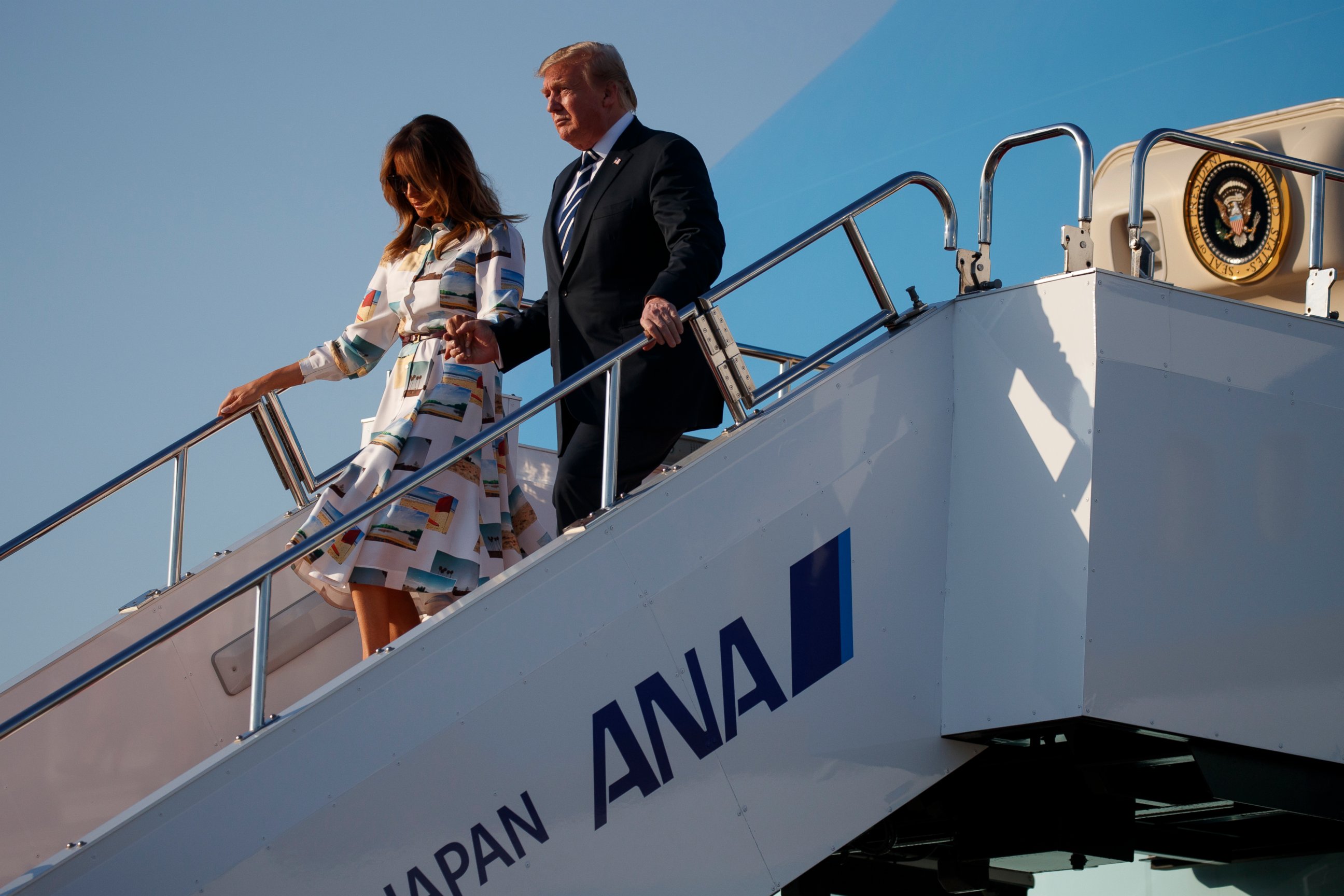 PHOTO: President Donald Trump and fist lady Melania Trump arrive at Haneda International Airport for a state visit, Saturday, May 25, 2019, in Tokyo.