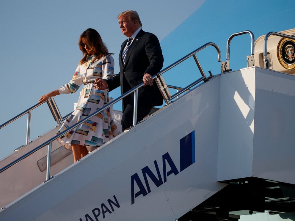 PHOTO: President Donald Trump and fist lady Melania Trump arrive at Haneda International Airport for a state visit, Saturday, May 25, 2019, in Tokyo.