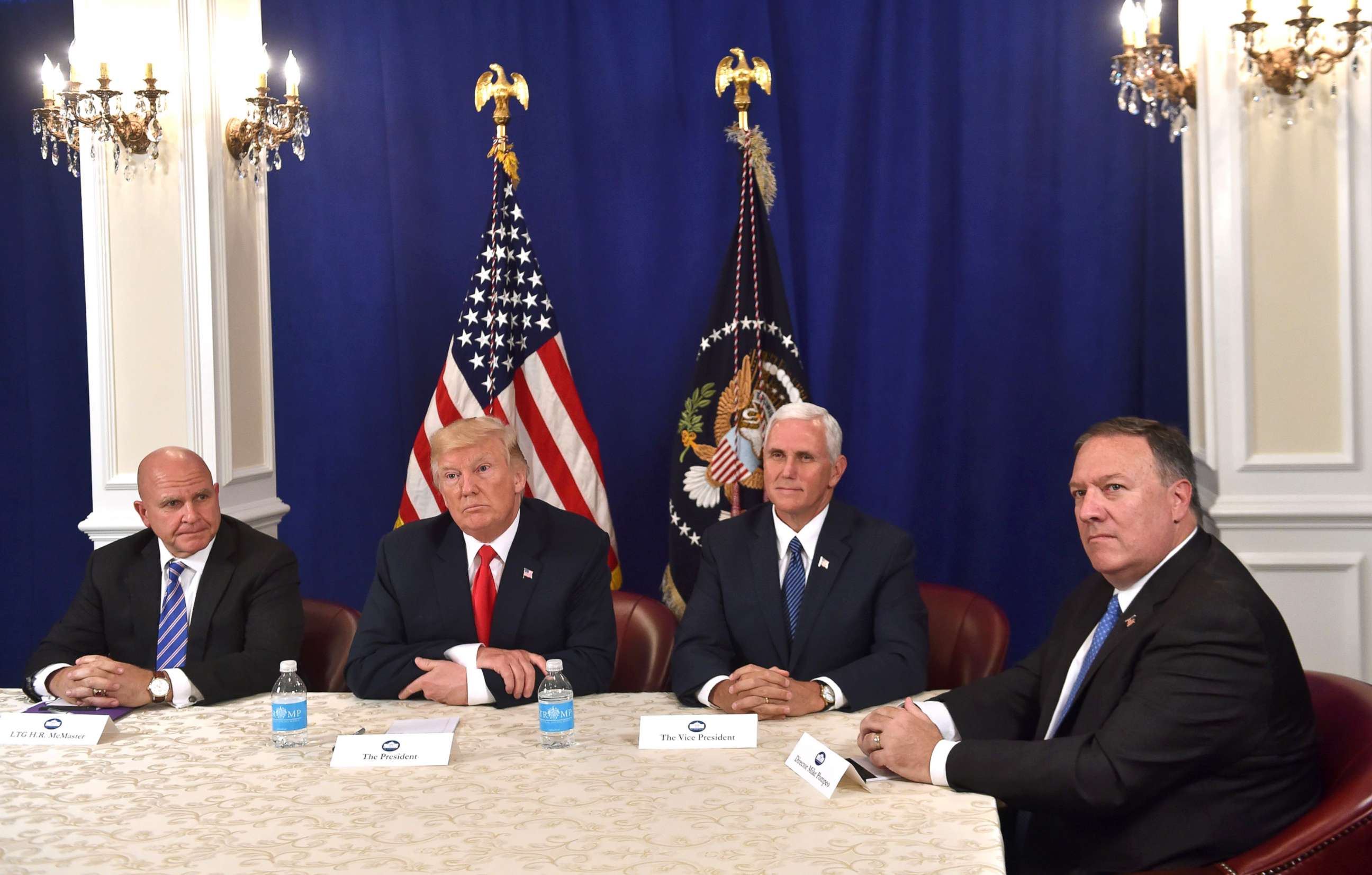 PHOTO: President Donald Trump, with Vice President Mike Pence and CIA Director Mike Pompeo, speaks during a security briefing on Aug. 10, 2017, at his Bedminster National Golf Club in N.J. 