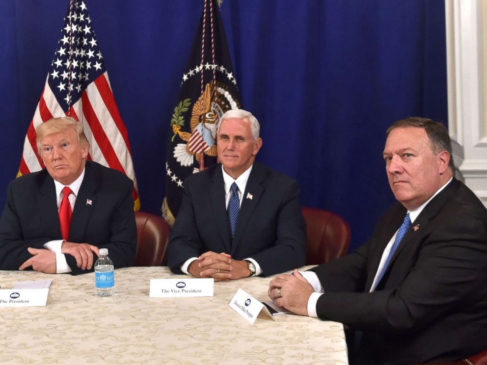PHOTO: President Donald Trump, with Vice President Mike Pence and CIA Director Mike Pompeo, speaks during a security briefing on Aug. 10, 2017, at his Bedminster National Golf Club in N.J.