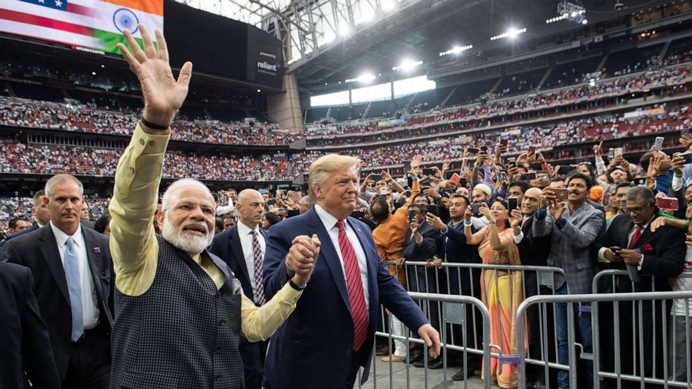 PHOTO: President Donald Trump and Indian Prime Minister Narendra Modi attend "Howdy, Modi!" at NRG Stadium in Houston, Sept. 22, 2019.