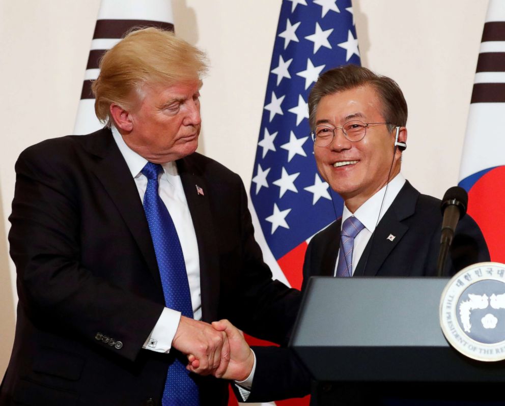 PHOTO: Donald Trump and South Koreas President Moon Jae-in shake hands at a news conference at South Koreas presidential Blue House in Seoul, South Korea in this Nov. 7, 2017 file photo. 