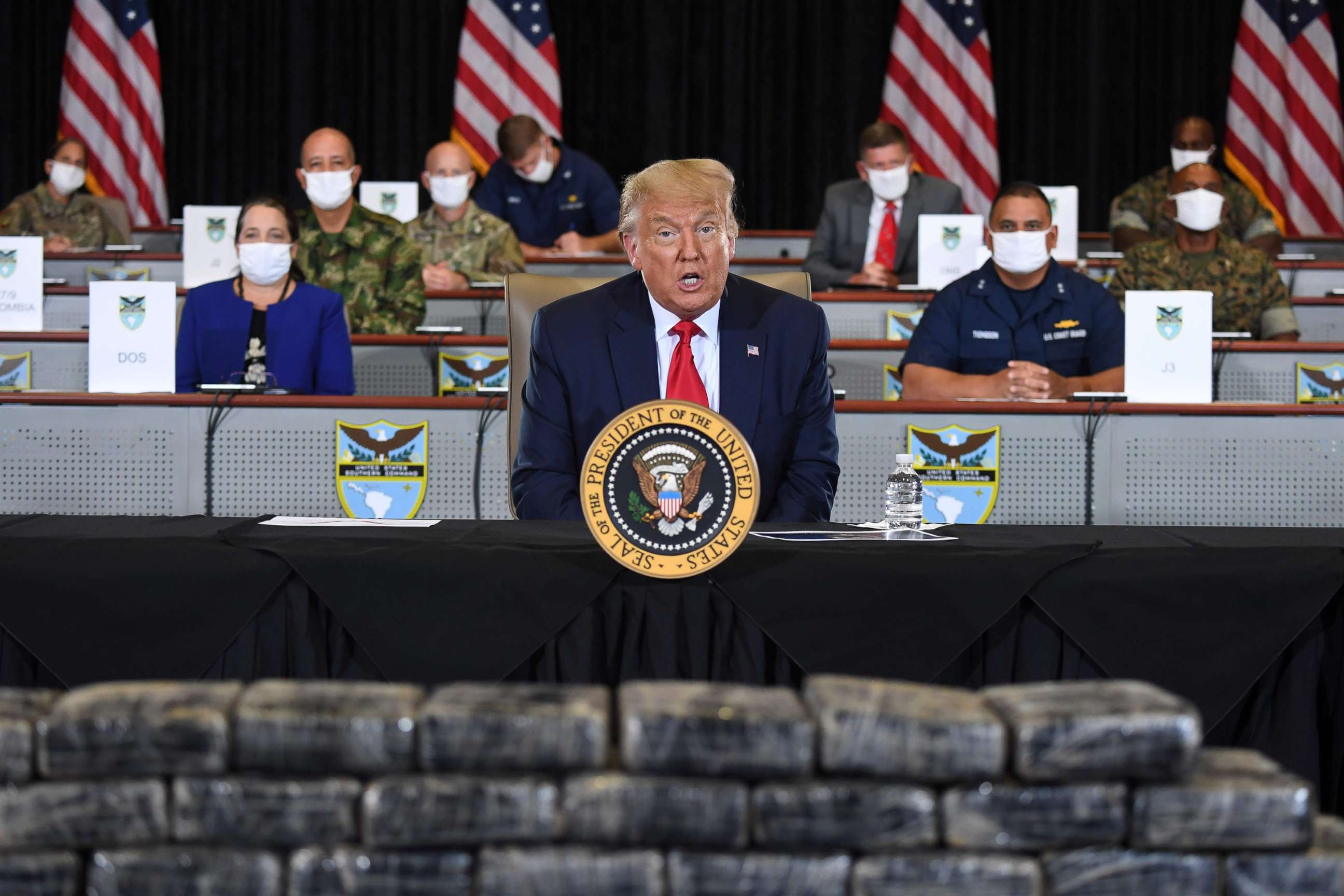 PHOTO: President Donald Trump speaks as he is briefed on Enhanced Narcotics Operations at the US Southern Command in Doral, Fla., July 10, 2020.