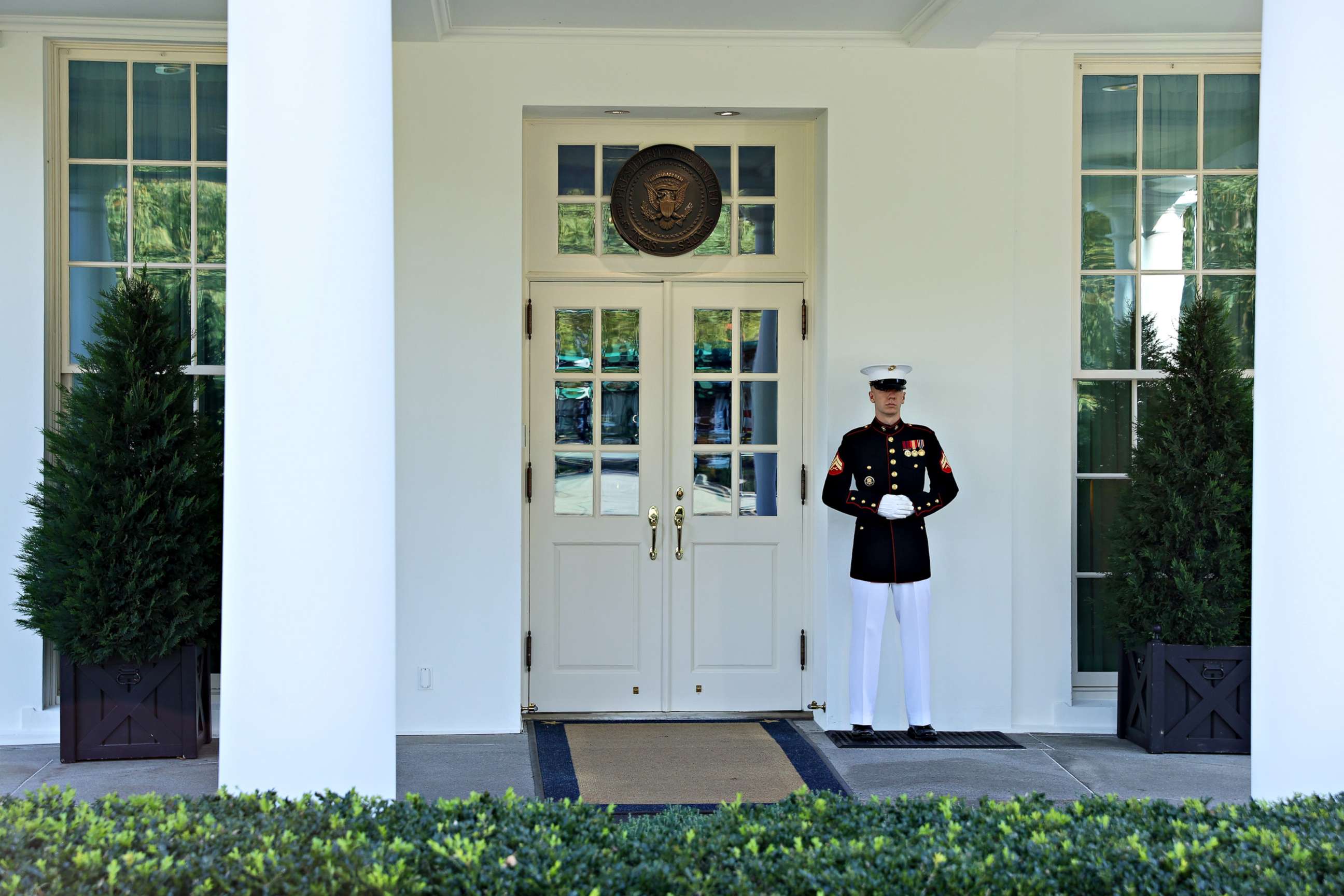 PHOTO: A Marine is posted at the West Wing door, an indication that President Donald Trump is in the Oval Office, at the White House in Washington, Oct. 7, 2020.