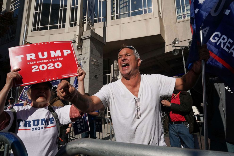 PHOTO: Trump supporter Michael Breitenbach screams outside the Pennsylvania Convention Center as ballot counting continues inside for the presidential election, on Nov. 6, 2020, in Philadelphia.