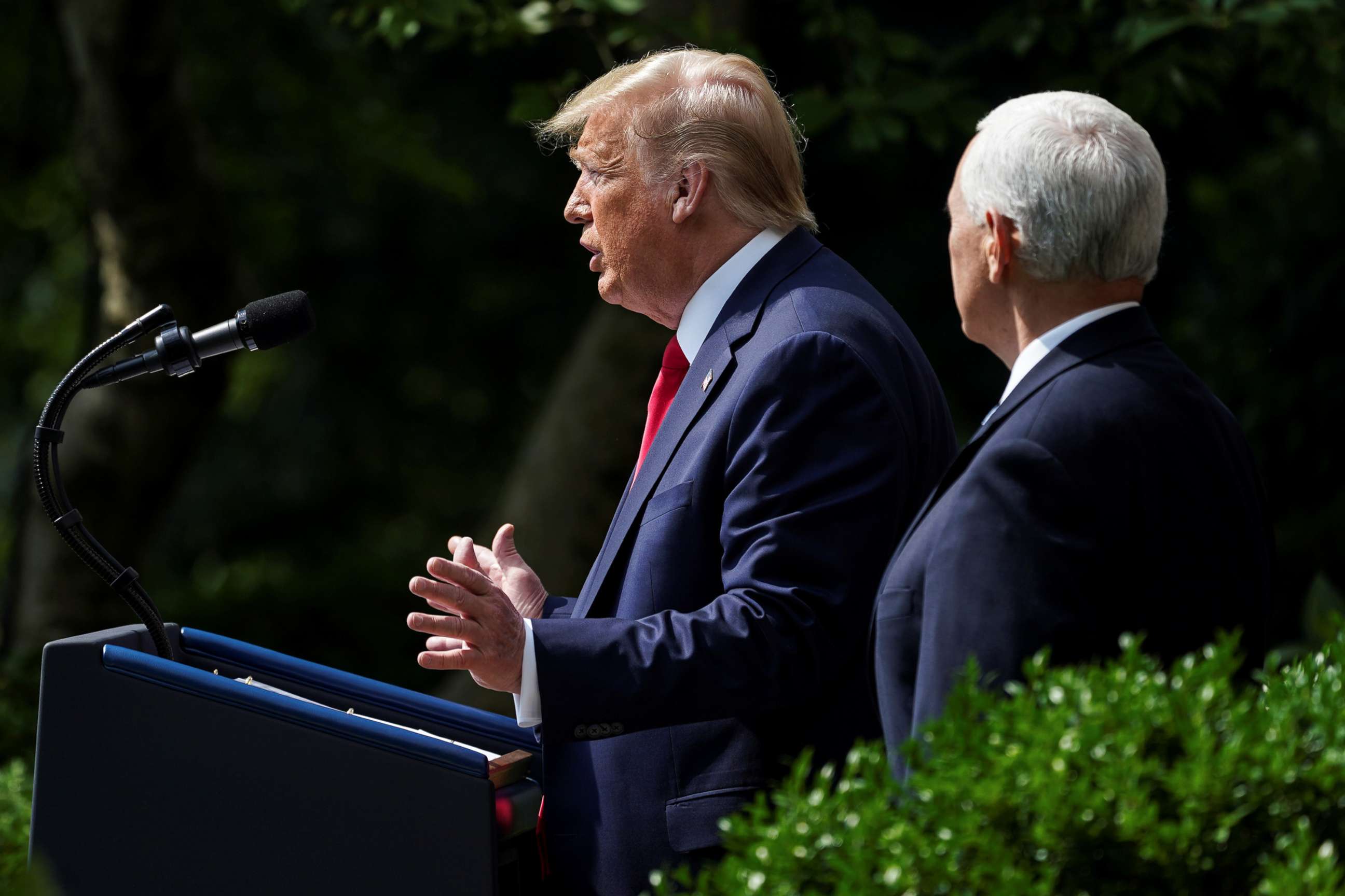 PHOTO: President Donald Trump talks about a U.S. jobs report amid the coronavirus disease (COVID-19) pandemic as he addresses a news conference as Vice President Mike Pence listens in the Rose Garden at the White House in Washington, June 5, 2020.