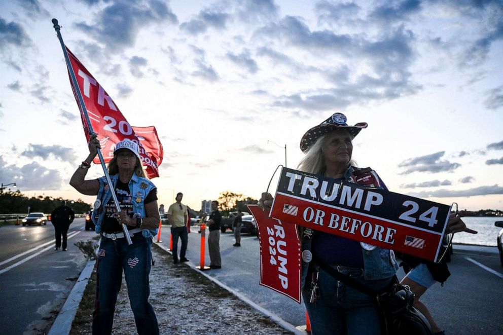 PHOTO: Supporters of former President Donald Trump protest near the Mar-a-Lago Club in Palm Beach, Fla., on March 30, 2023.