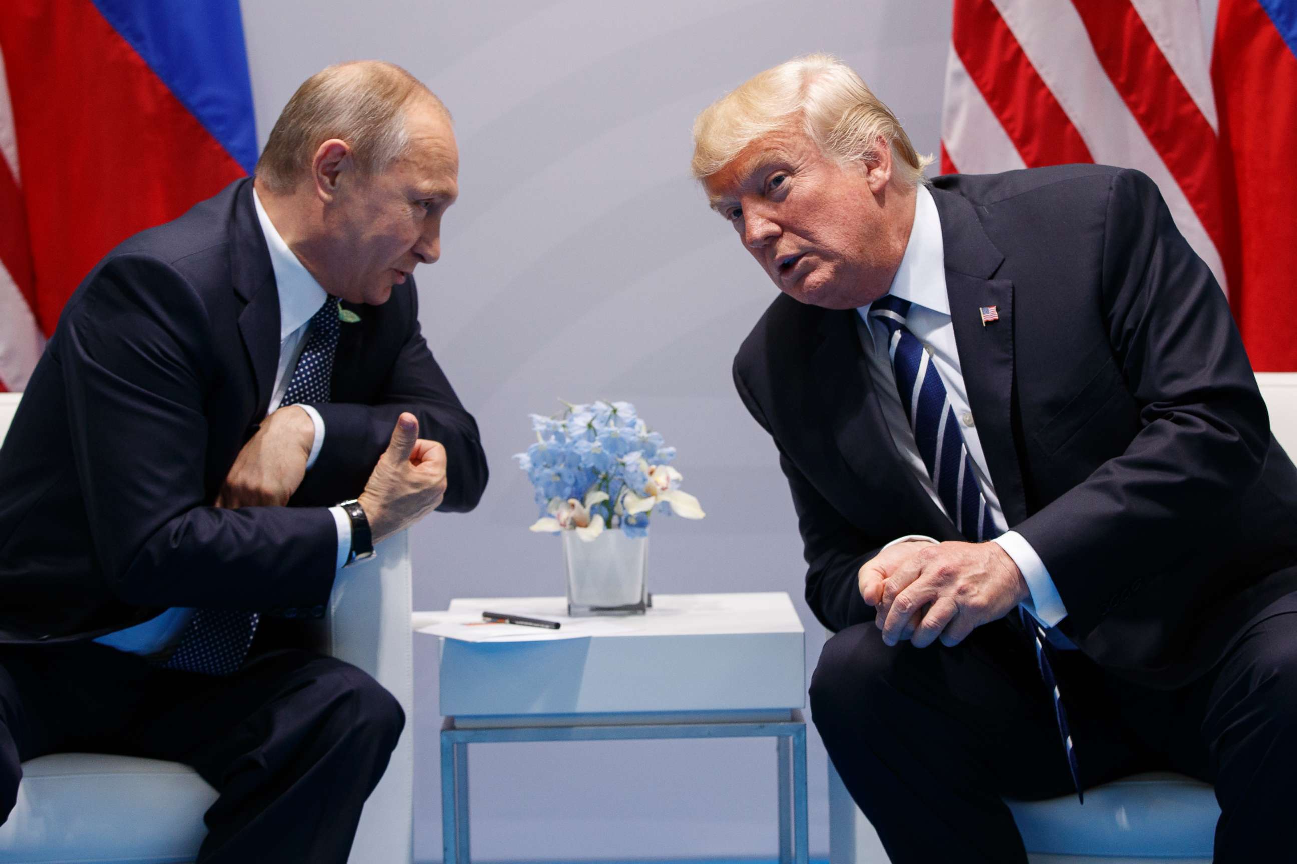 PHOTO: President Donald Trump speaks with Russian President Vladimir Putin during a meeting at the G20 Summit, July 7, 2017, in Hamburg, Germany.