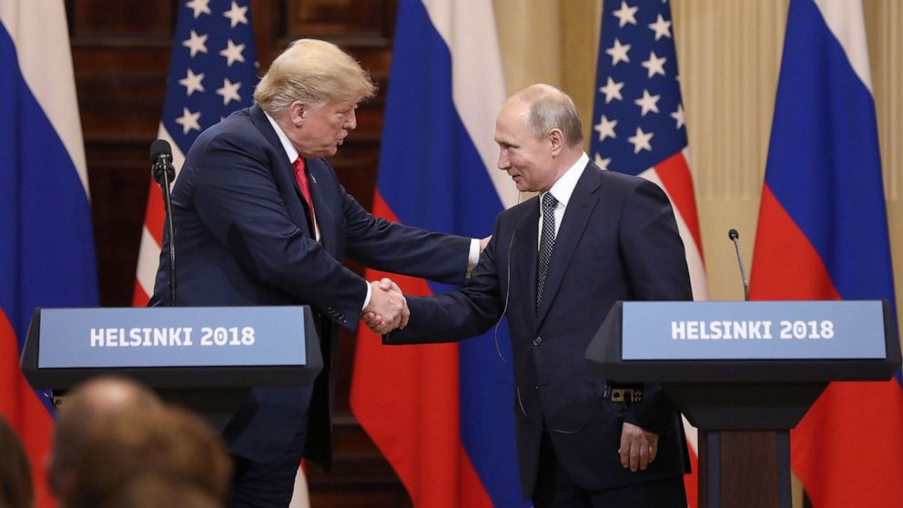 PHOTO: President Donald Trump shakes hands with Russian President Vladimir Putin during a news conference in Helsinki, Finland, July 16, 2018.