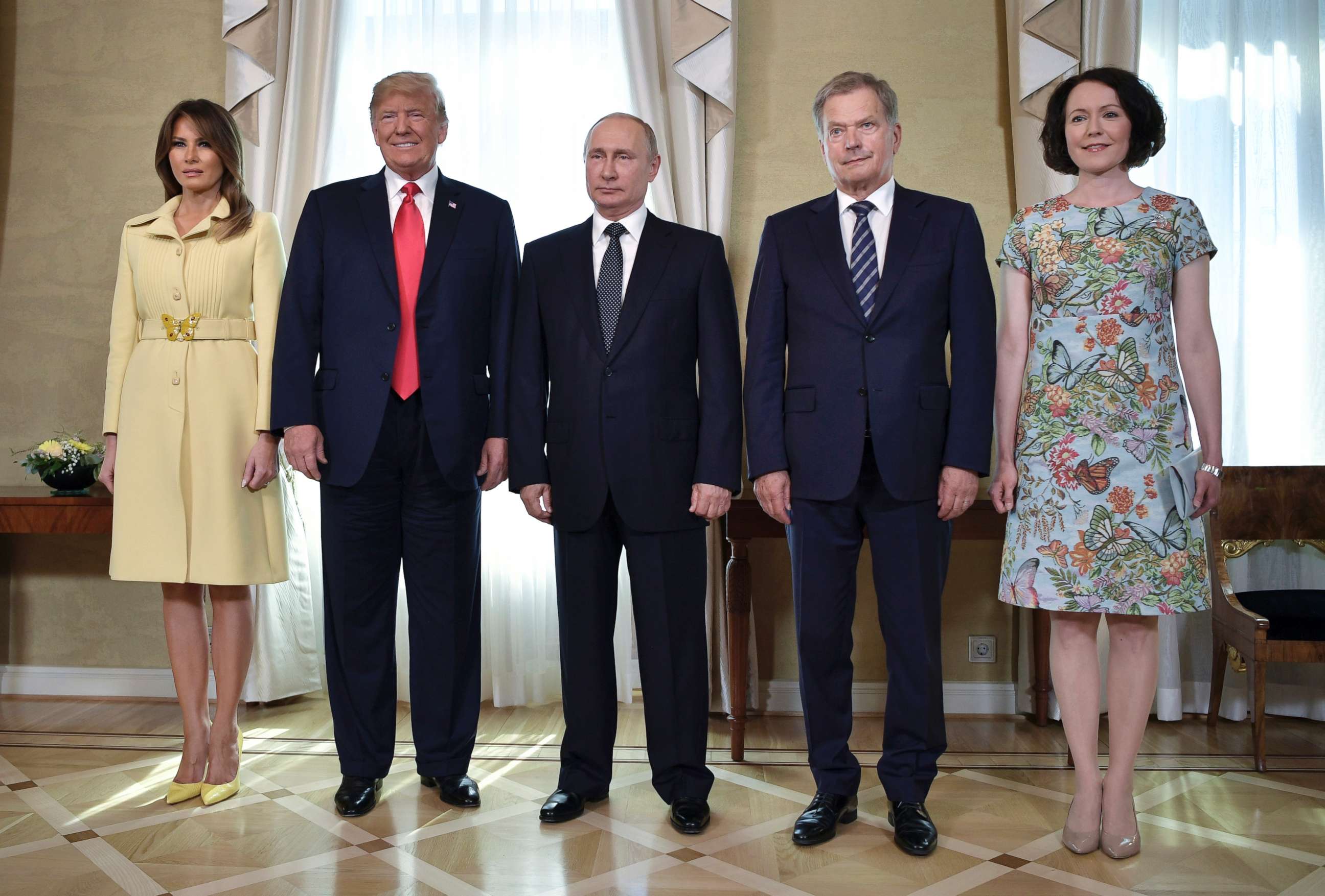 PHOTO:First lady Melania Trump, President Donald Trump, Russian President Vladimir Putin, Finnish President Sauli Niinisto and his wife Jenni Haukio at the Presidential Palace in Helsinki, Finland, July 16, 2018 in the Finnish capital.