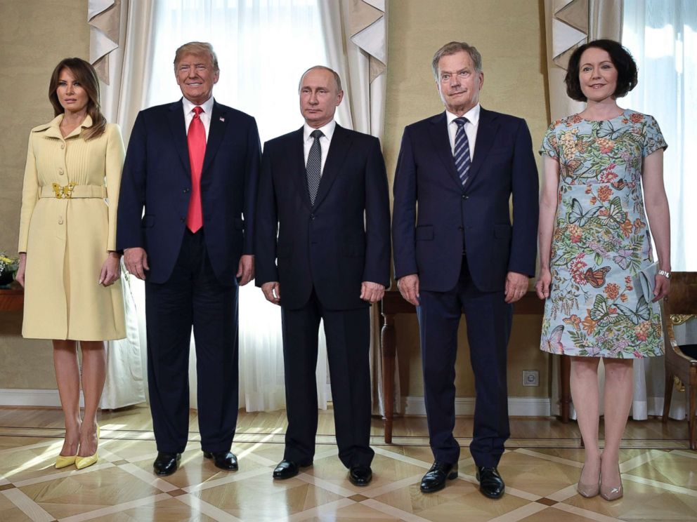 PHOTO:First lady Melania Trump, President Donald Trump, Russian President Vladimir Putin, Finnish President Sauli Niinisto and his wife Jenni Haukio at the Presidential Palace in Helsinki, Finland, July 16, 2018 in the Finnish capital.