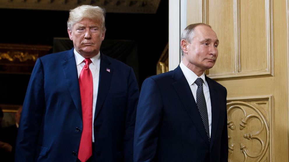 PHOTO: President Donald Trump and Russian President Vladimir Putin arrive for a meeting in Helsinki, July 16, 2018.