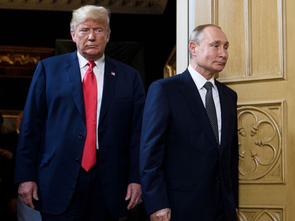 PHOTO: President Donald Trump and Russian President Vladimir Putin arrive for a meeting in Helsinki, July 16, 2018.