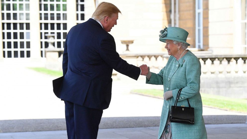 PHOTO: Britain's Queen Elizabeth II greets President Donald Trump as he arrives for the Ceremonial Welcome at Buckingham Palace, in London, June 3, 2019.