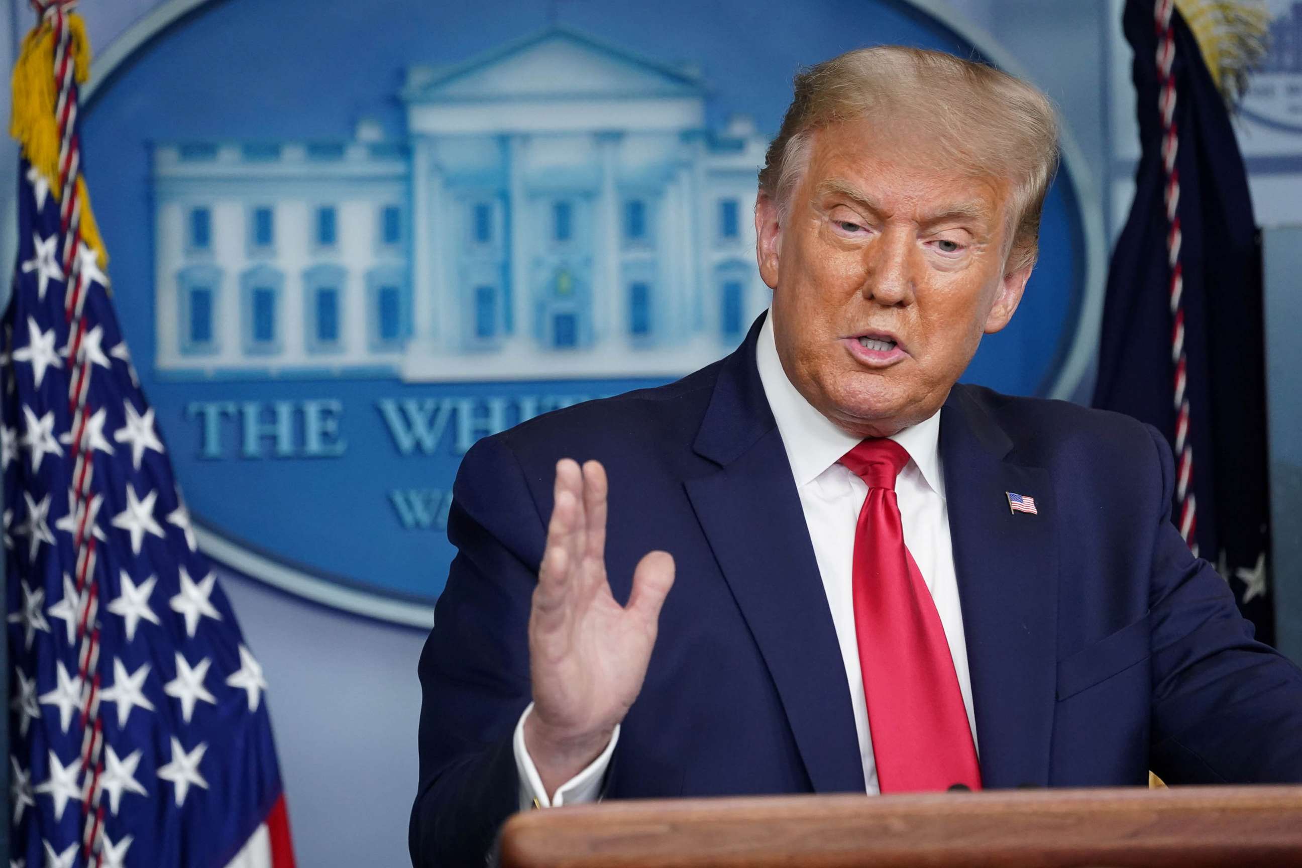 PHOTO: President Donald Trump addresses reporters during a news conference in the Brady Press Briefing Room at the White House in Washington, Sept. 10, 2020.