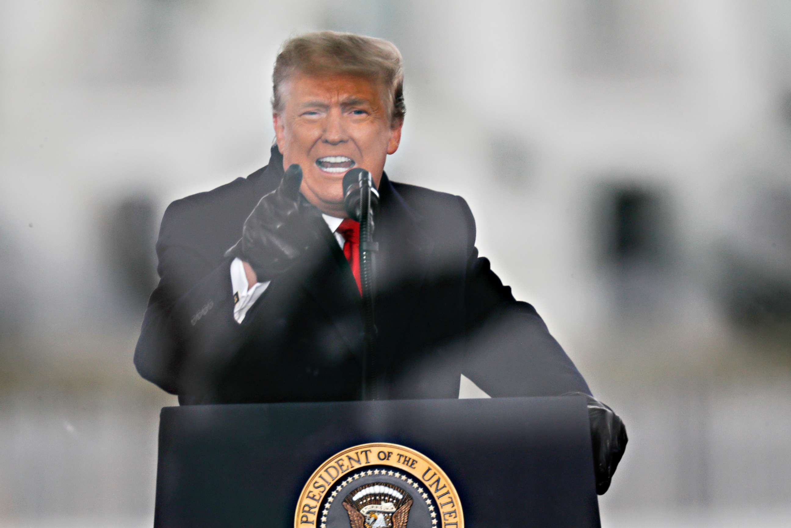 PHOTO: President Donald Trump gestures as he speaks during a rally to contest the certification of the 2020 presidential election results by the U.S. Congress, in Washington, Jan. 6, 2021.