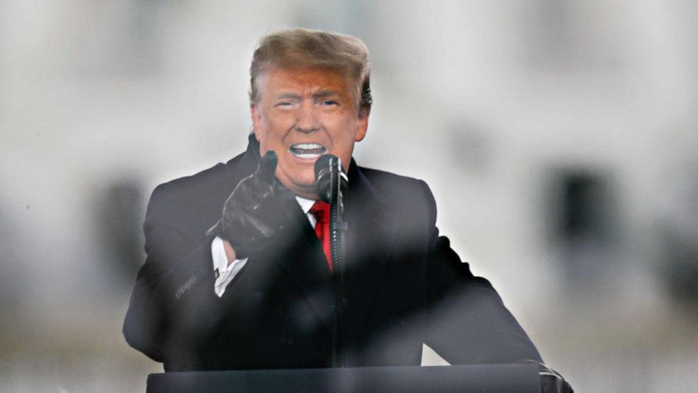 PHOTO: President Donald Trump gestures as he speaks during a rally to contest the certification of the 2020 presidential election results by the U.S. Congress, in Washington, Jan. 6, 2021.