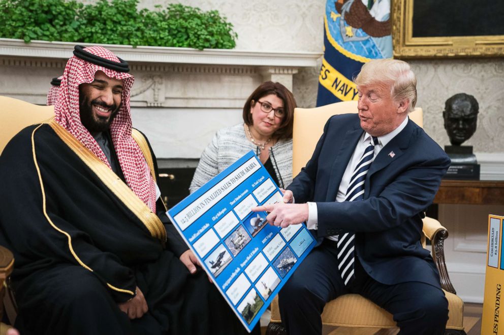 PHOTO: President Donald Trump shows off posters as he talks with Crown Prince Mohammad bin Salman of the Kingdom of Saudi Arabia during a meeting in the Oval Office, March 20, 2018.