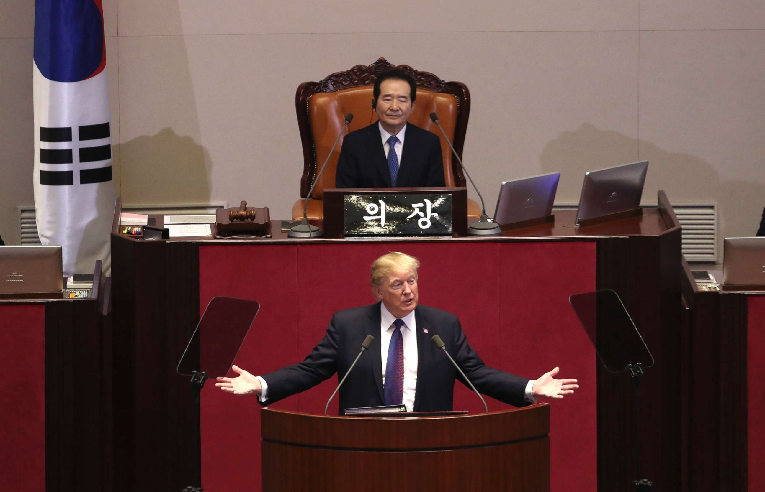 PHOTO: President Donald Trump speaks at the South Korean National Assembly, Nov. 8, 2017, in Seoul, South Korea. 