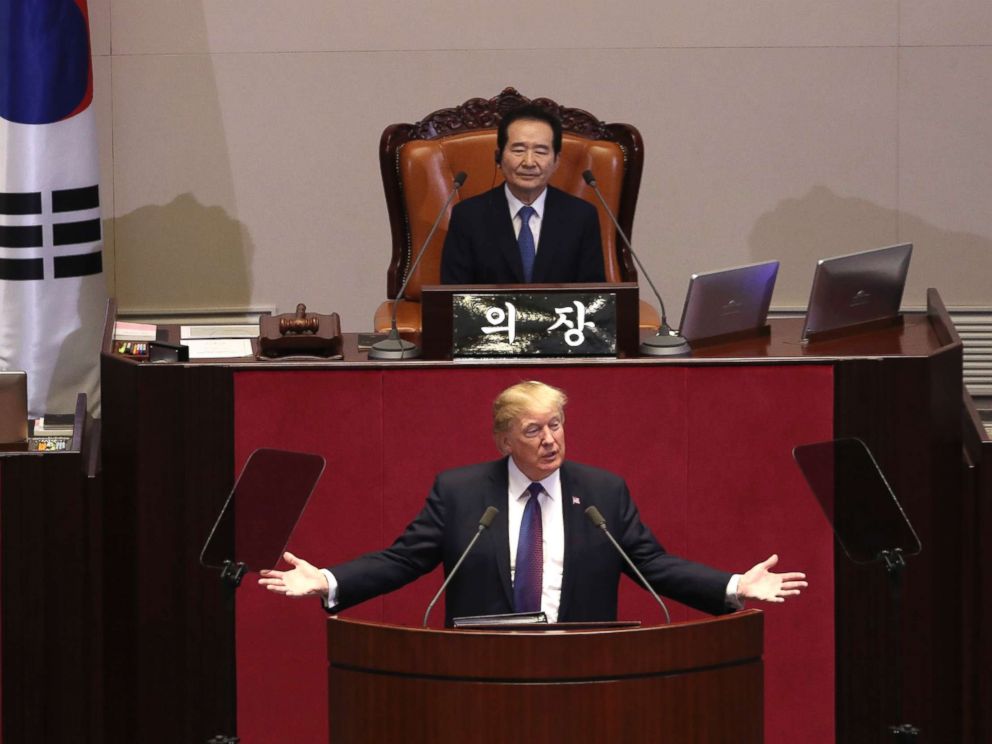 PHOTO: President Donald Trump speaks at the South Korean National Assembly, Nov. 8, 2017, in Seoul, South Korea. 