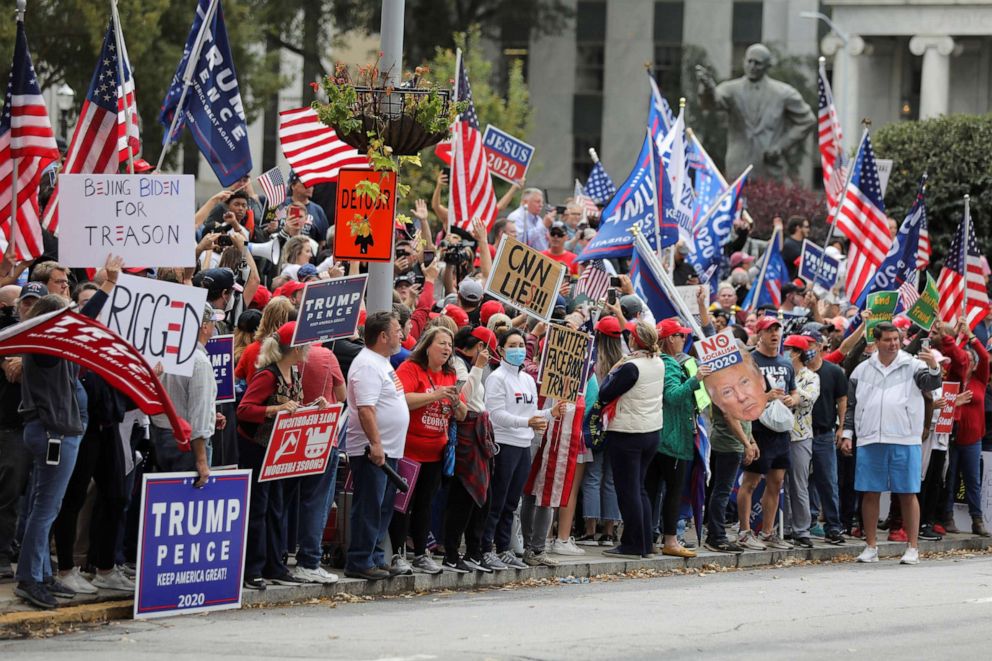 PHOTO: Supporters of President Donald Trump participate on a 'Stop the Steal' protest at the Georgia State Capitol, after the 2020 presidential election was called for Democratic candidate Joe Biden, in Atlanta, Nov. 7, 2020.