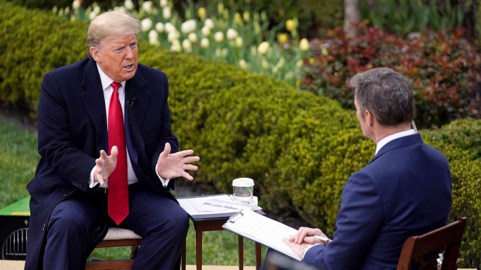 PHOTO: President Donald Trump speaks with Fox News Channel Anchor Bill Hemmer during a virtual town hall, at the White House, March 24, 2020.