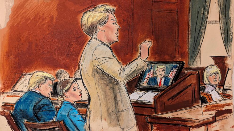 PHOTO: In this courtroom sketch, E Jean Carroll's attorney Roberta Kaplan gives her summation to the jury in Manhattan federal court as former President Donald Trump, and E. Jean Carroll listen, Jan. 26, 2024, in New York City.