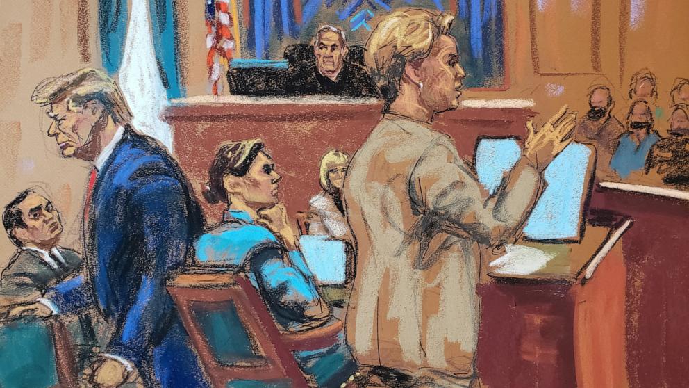 PHOTO: Former President Donald Trump walks out during attorney Roberta Kaplan's closing argument, during E. Jean Carroll's second civil trial at Manhattan Federal Court in New York City, Jan. 26, 2024, in this courtroom sketch.