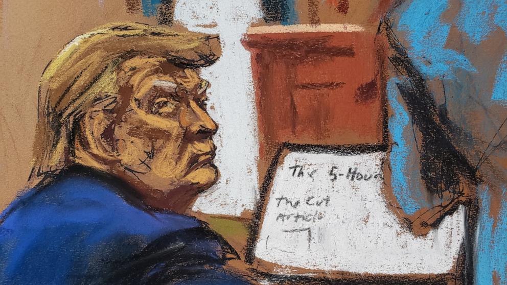 PHOTO: Former U.S. President Donald Trump looks on as his attorney Alina Habba, delivers closing arguments at Manhattan Federal Court in New York City, January 26, 2024, in this courtroom sketch. 