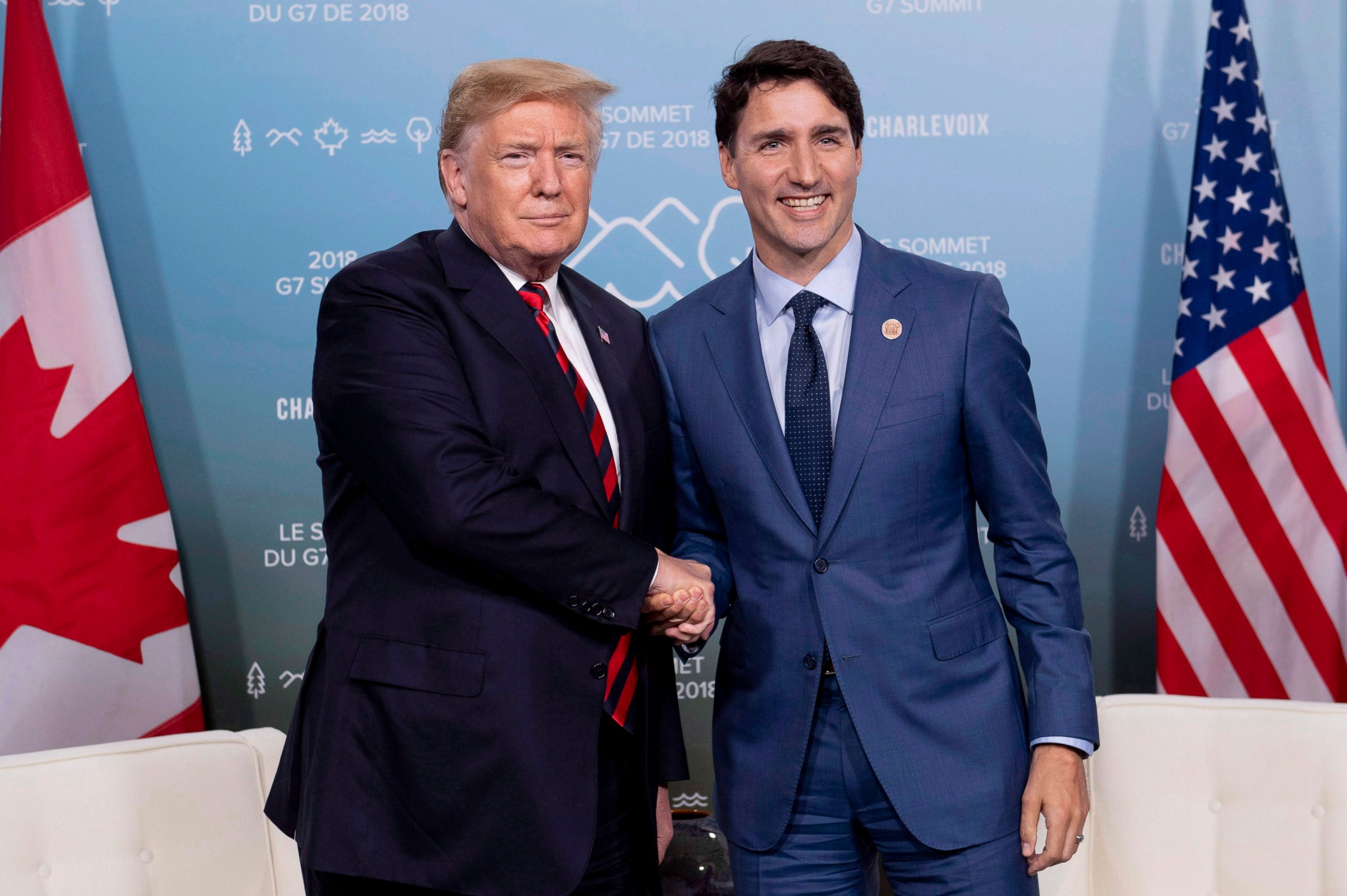 PHOTO: In this June 8, 2018, photo, Canada's Prime Minister Justin Trudeau meets with U.S. President Donald Trump at the G7 leaders summit in La Malbaie, Quebec. 
