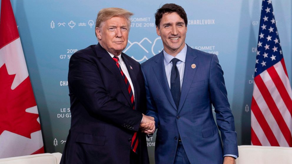 PHOTO: In this June 8, 2018, photo, Canada's Prime Minister Justin Trudeau meets with U.S. President Donald Trump at the G7 leaders summit in La Malbaie, Quebec. 