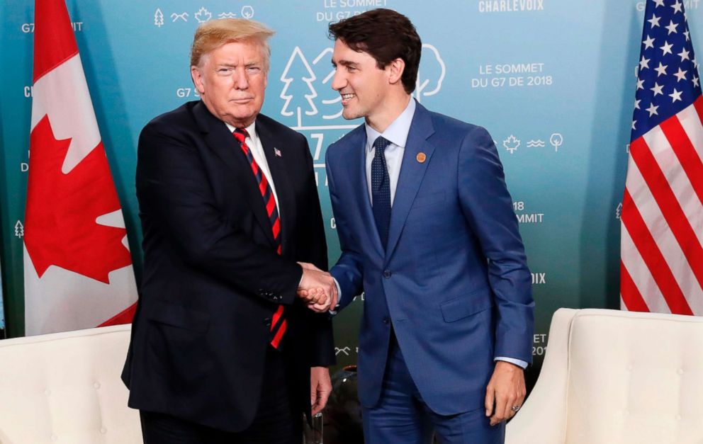 PHOTO: President Donald Trump shakes hands with Canada's Prime Minister Justin Trudeau in a bilateral meeting at the G-7 summit in in Charlevoix, Quebec, Canada, June 8, 2018.
