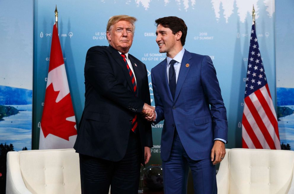 PHOTO: President Donald Trump meets with Canadian Prime Minister Justin Trudeau during the G-7 summit, June 8, 2018, in Charlevoix, Canada.